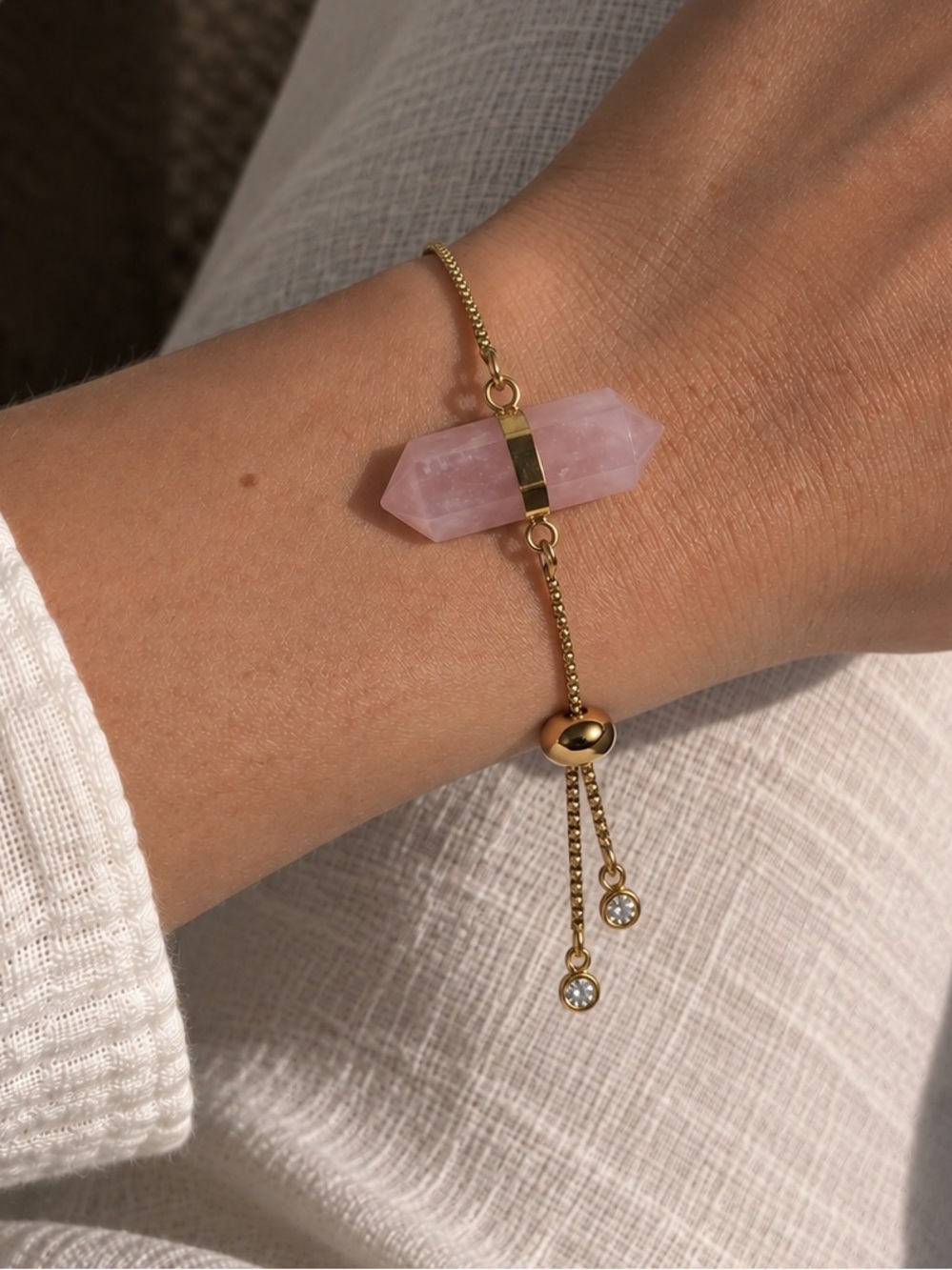 Rose Quartz Double Point Gold Tone Bolo Bracelet